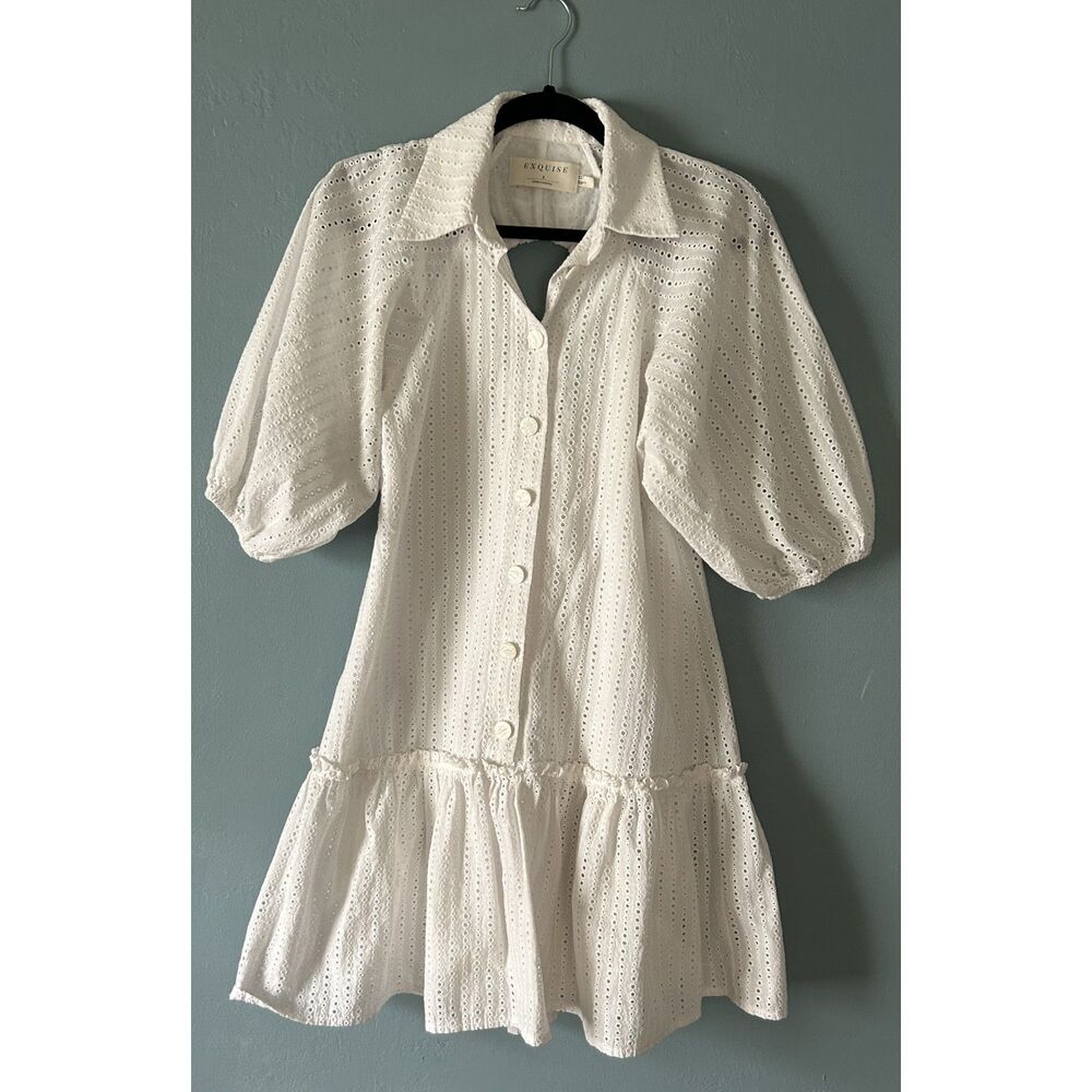 Exquise white eyelet lined sundress short sleeves open tie back size small